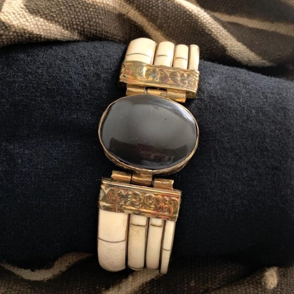 Vintage Brass and Shell Inlay Cuff Bracelet